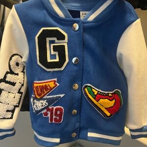 SHEIN Blue and White Kids Jacket with Colorful Patches